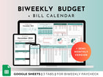 Biweekly Fortnightly Budget Planner Google Sheets Spreadsheet -Teal Green