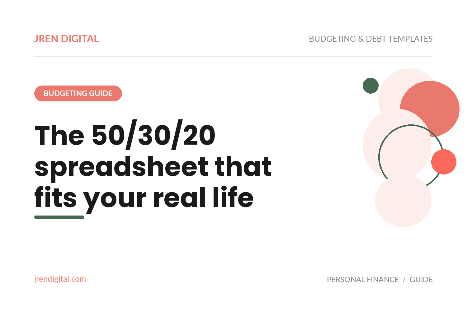 50/30/20 Budget Spreadsheet by JRen Digital: clean three-bucket layout for needs, wants and savings