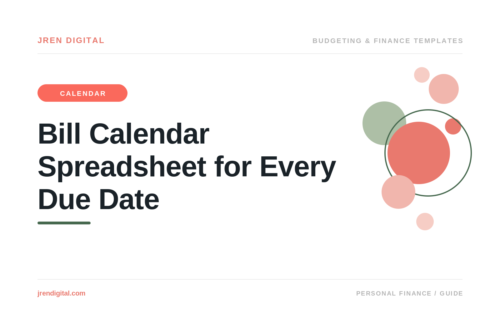 Bill calendar spreadsheet by JRen Digital: a month grid of due dates colour-coded by status