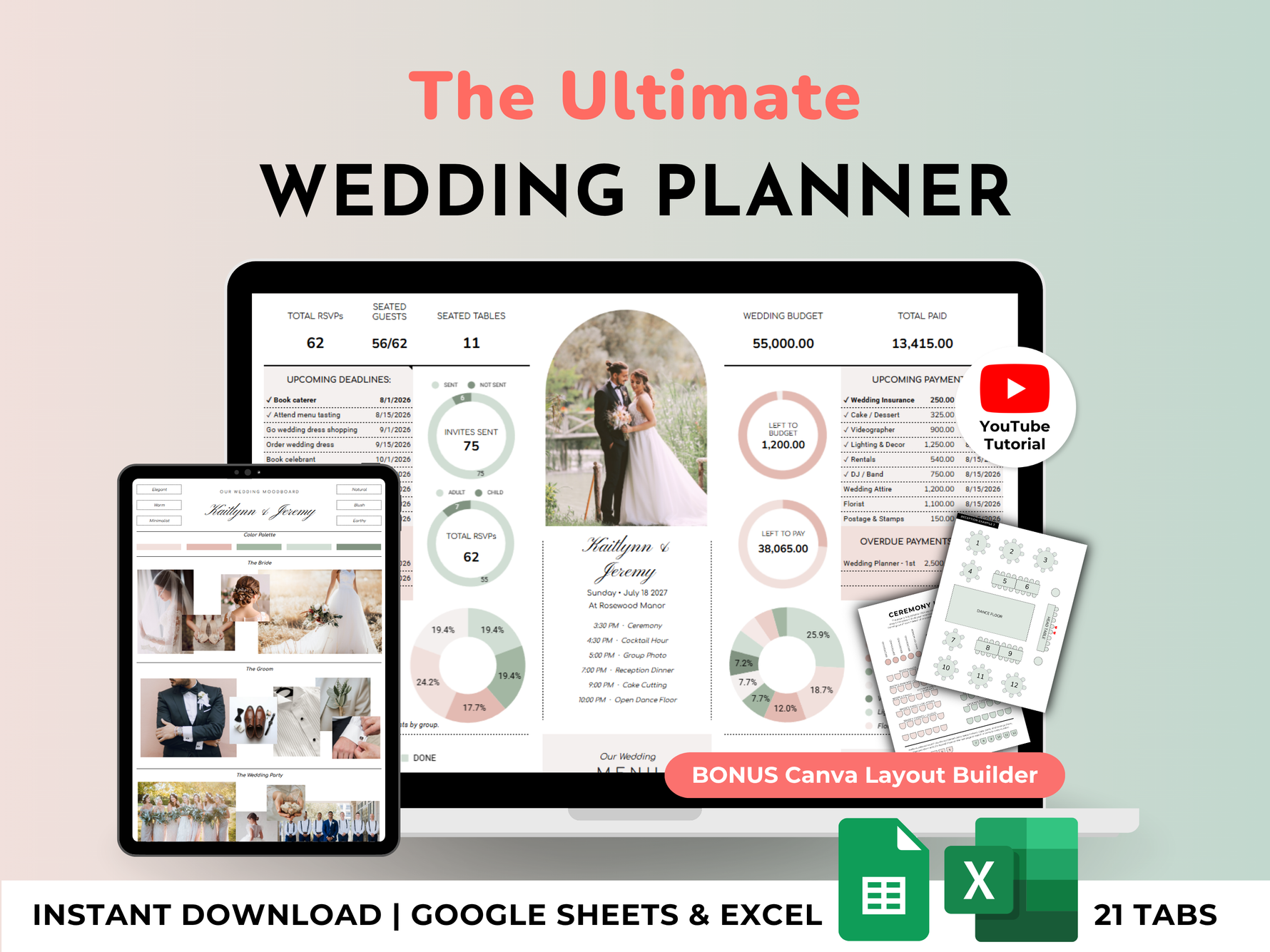 The Ultimate Wedding Planner Spreadsheet (Sage) - Google Sheets and Excel dashboard