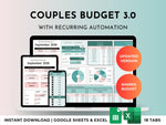 Couples Budget 3.0 spreadsheet with recurring automation for Google Sheets and Excel, teal green