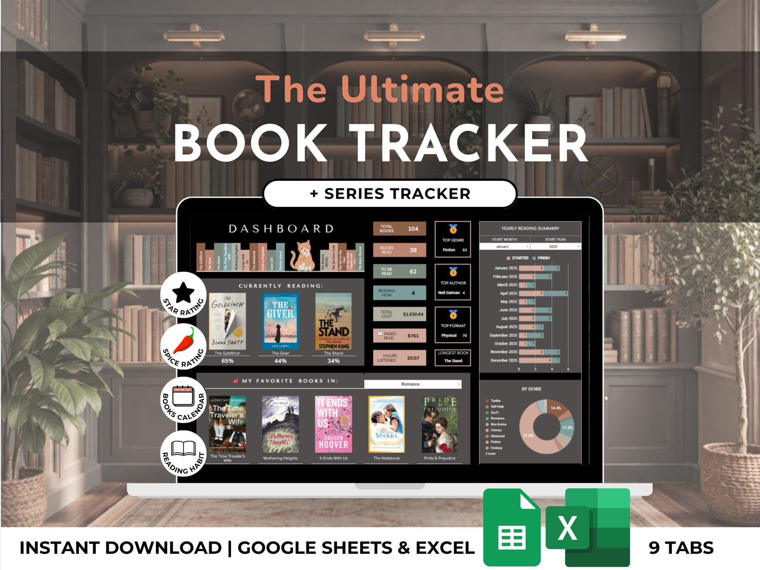 The Ultimate Book Tracker Spreadsheet (Dark Mode) by JRen Digital - reading tracker for Google Sheets and Excel