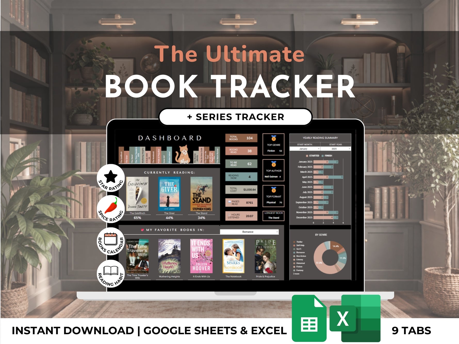 The Ultimate Book Tracker Spreadsheet (Dark Mode) by JRen Digital - reading tracker for Google Sheets and Excel