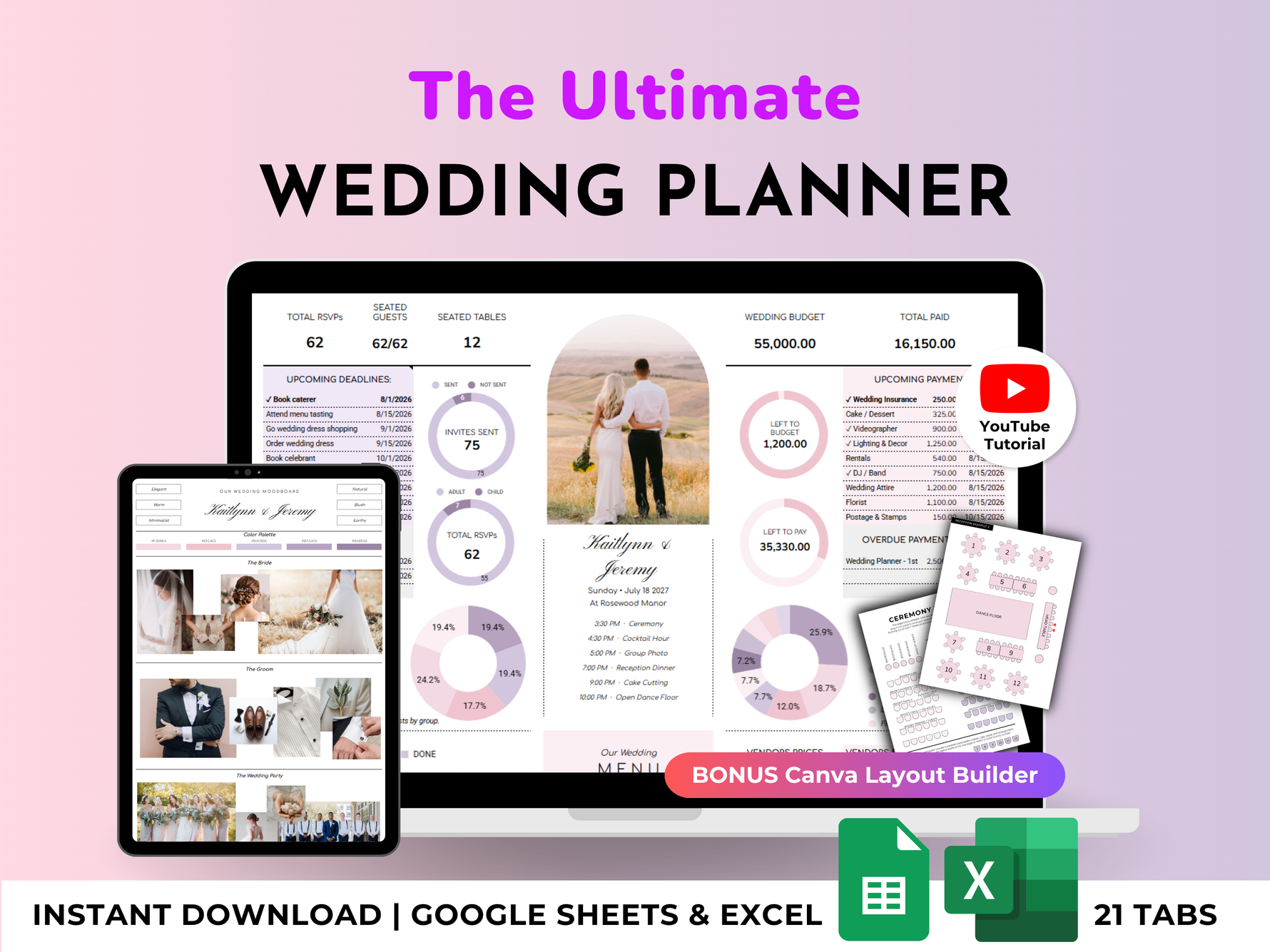 The Ultimate Wedding Planner Spreadsheet (Purple) - Google Sheets and Excel dashboard