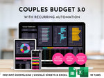 Couples Budget 3.0 spreadsheet with recurring automation for Google Sheets and Excel, dark mode