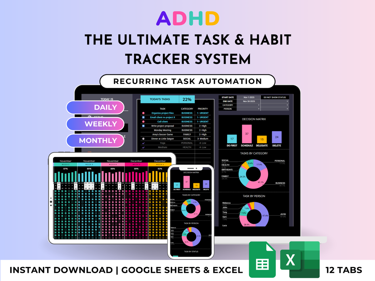 Ultimate Task & Habit Tracker 2.0 - ADHD Friendly | Excel & Google Sheets (Dark Mode) - preview 2