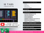 All 18 tabs in the dark mode couples budget spreadsheet, with a video tutorial
