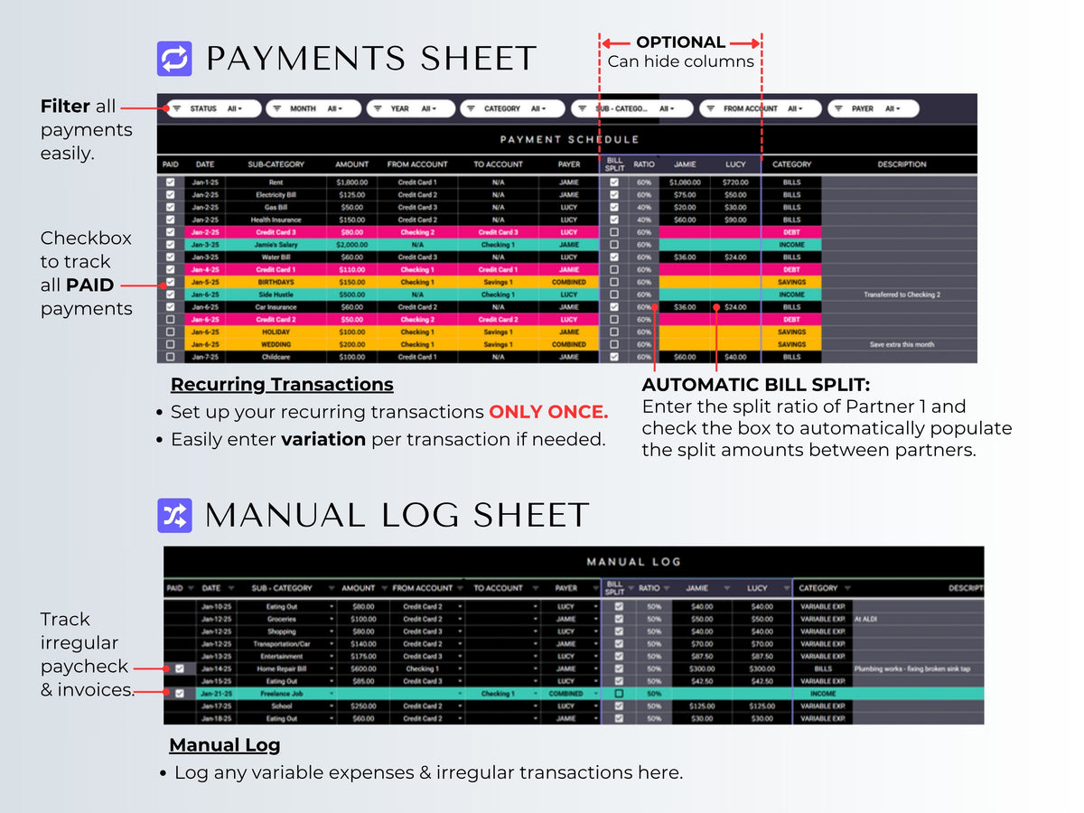 Payments sheet with automatic bill split between partners and a manual log for irregular spending, dark mode