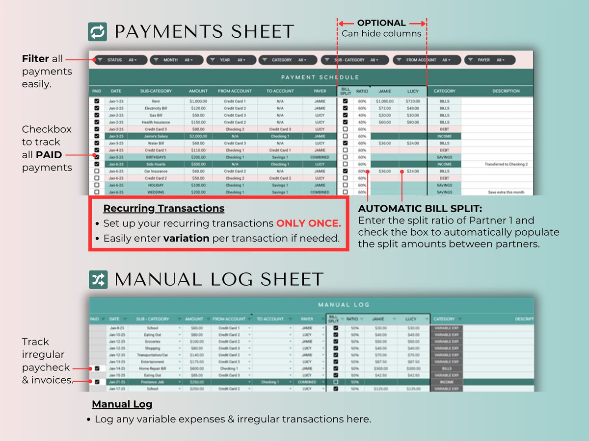 Payments sheet with automatic bill split between partners and a manual log for irregular spending