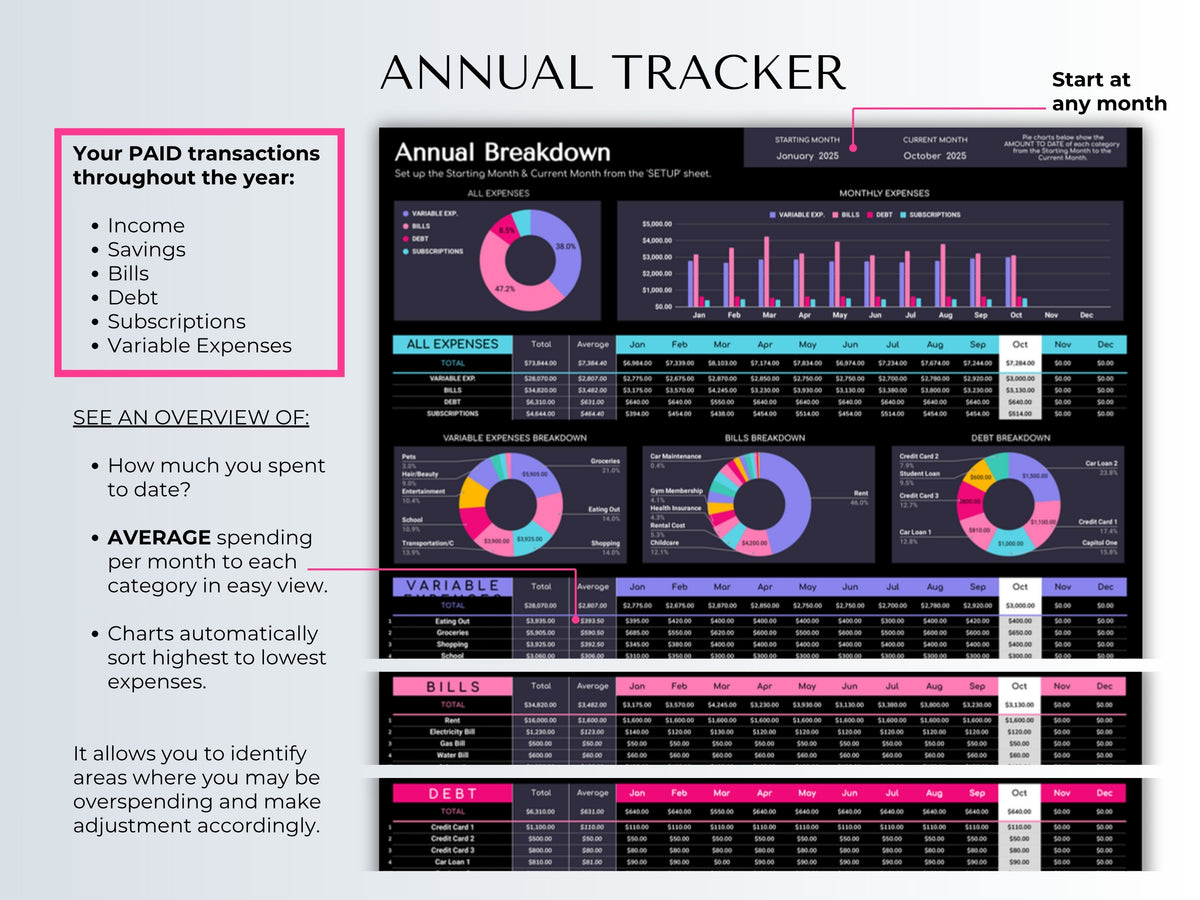Annual breakdown tracker showing paid transactions and average monthly spend per category, dark mode