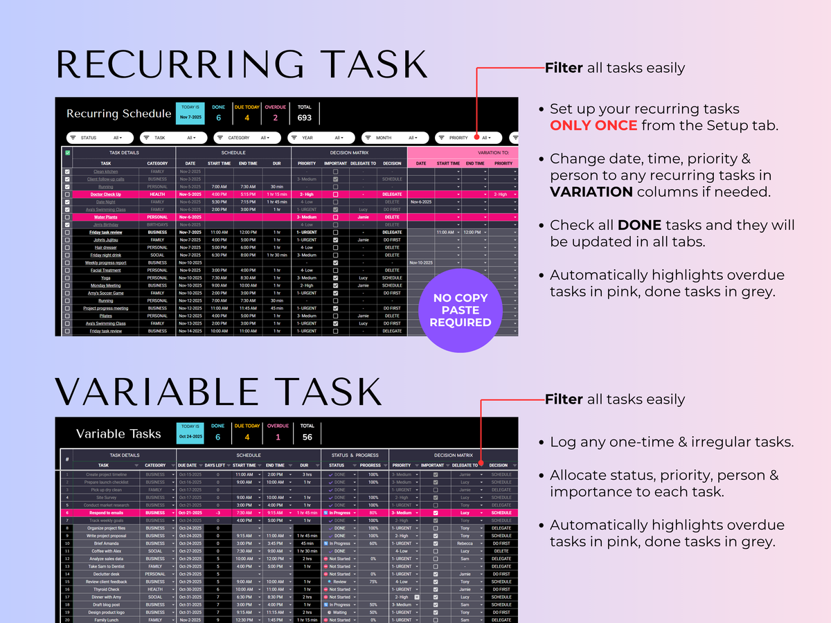 Ultimate Task & Habit Tracker 2.0 - ADHD Friendly | Excel & Google Sheets (Dark Mode) - preview 6