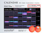 Bill calendar showing bills, debt, subscriptions and income by day, dark mode