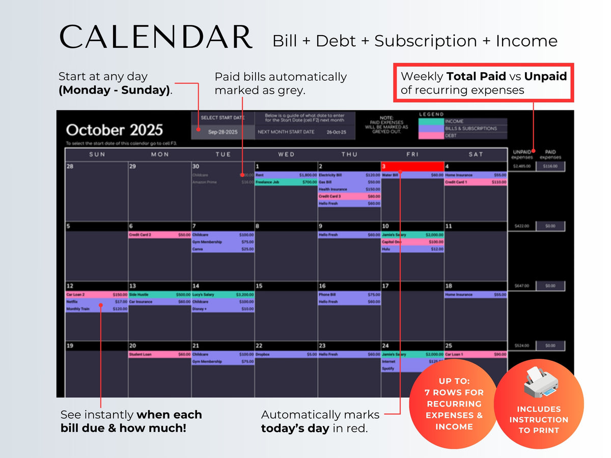 Bill calendar showing bills, debt, subscriptions and income by day, dark mode