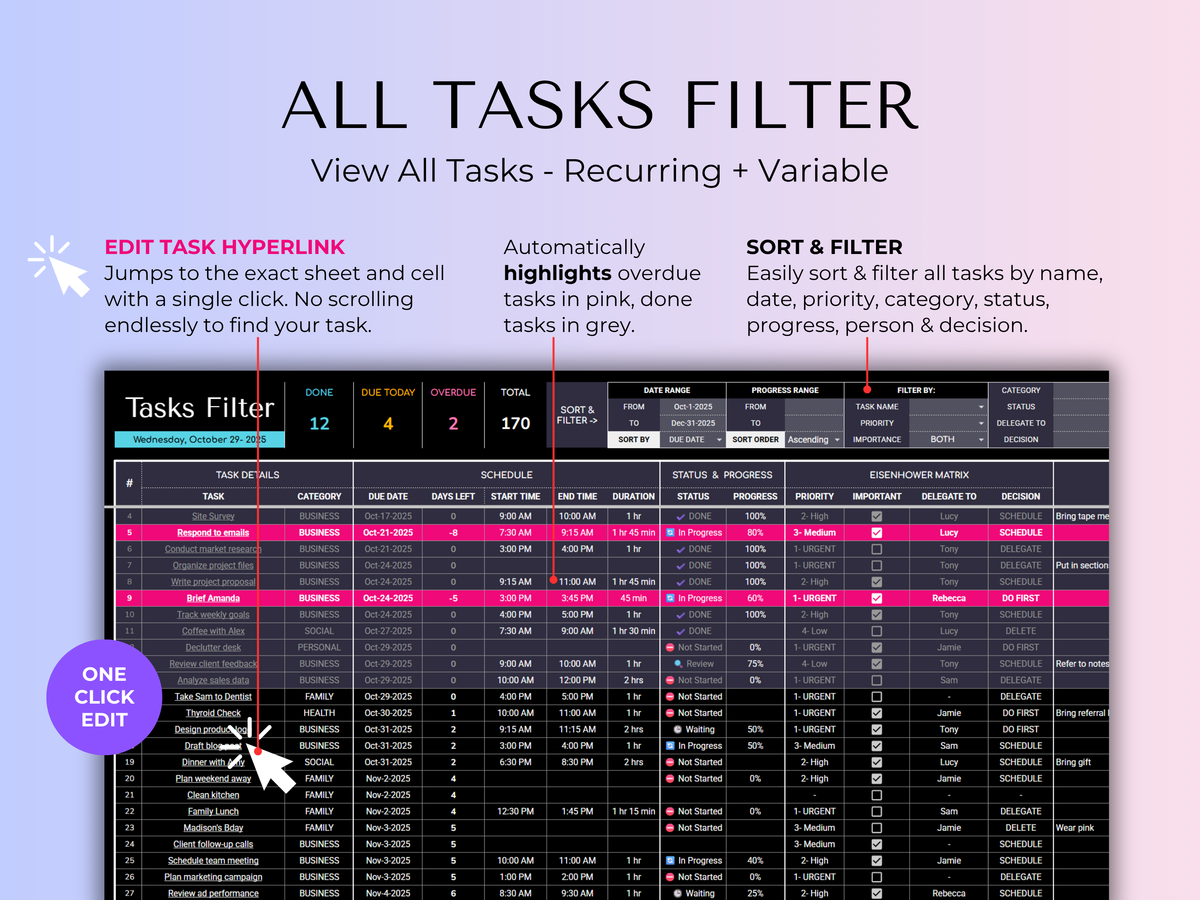 Ultimate Task & Habit Tracker 2.0 - ADHD Friendly | Excel & Google Sheets (Dark Mode) - preview 7