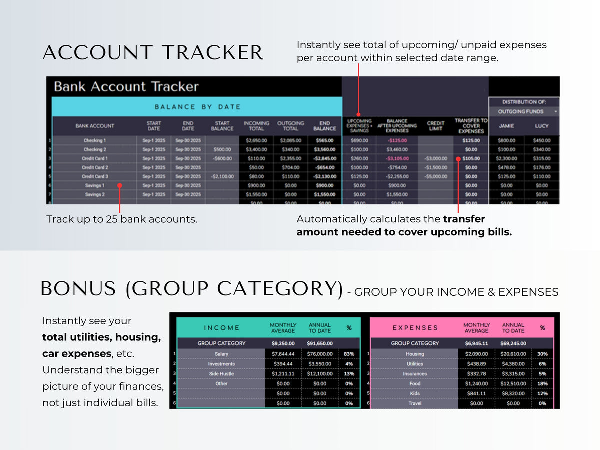 Account tracker for up to 25 bank accounts and bonus group category sheet, dark mode