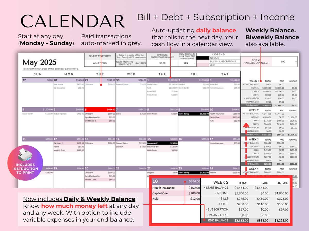Paycheck Budget 4.0 - bill calendar with daily and weekly balance