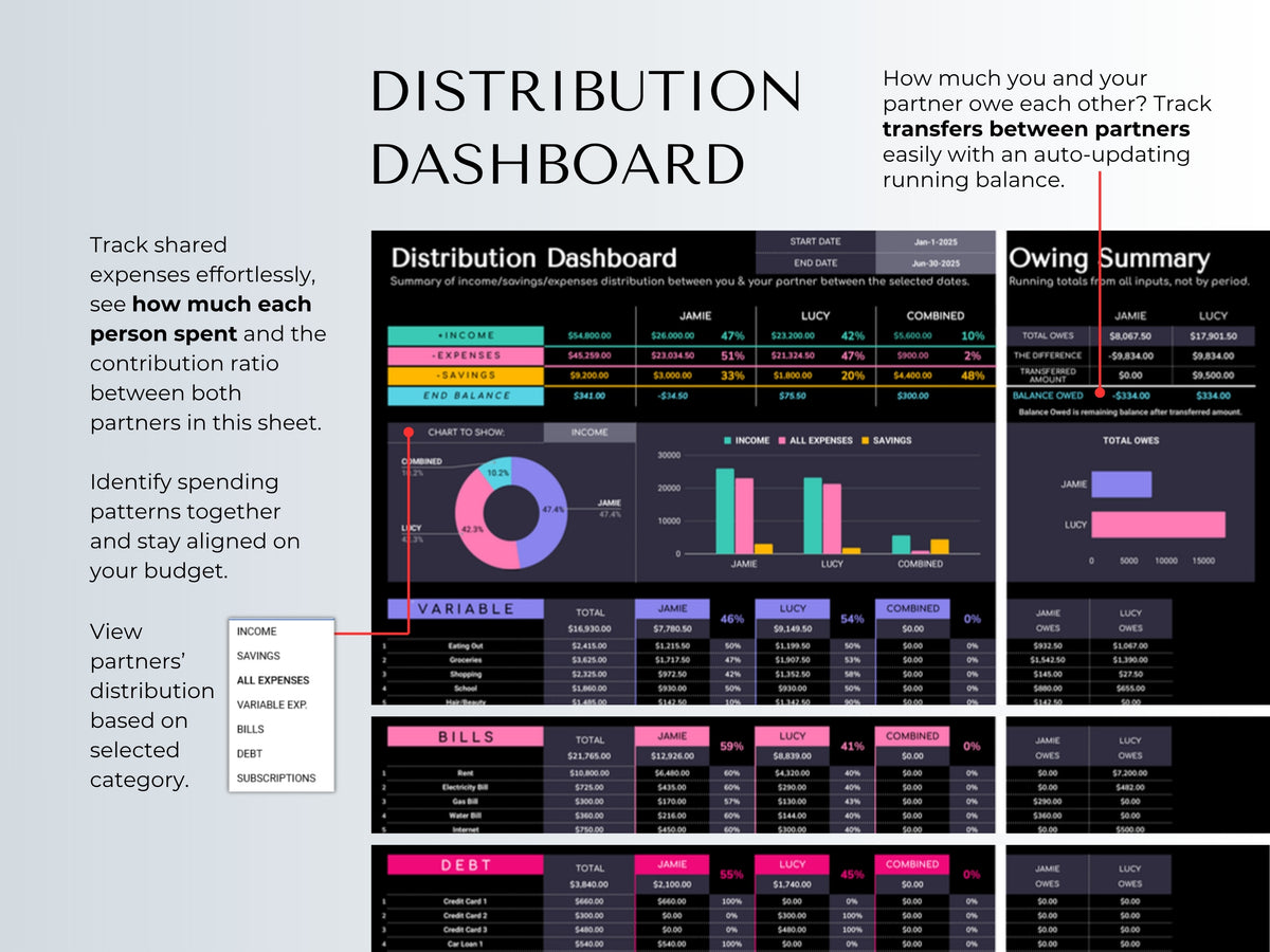 Distribution dashboard showing each partner's spending, contribution ratio and what you owe each other, dark mode