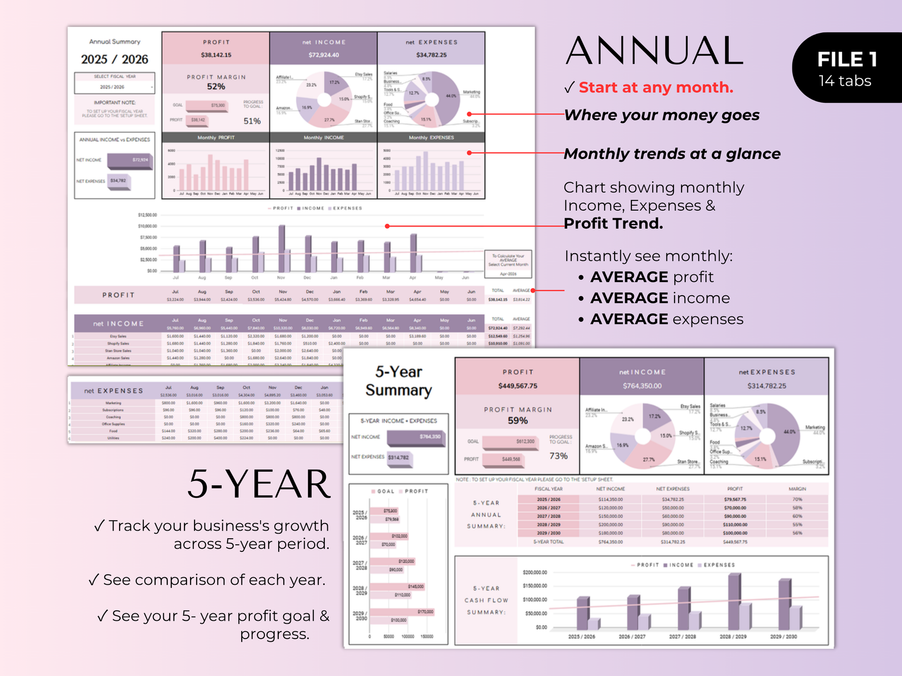Annual and 5-year business dashboards