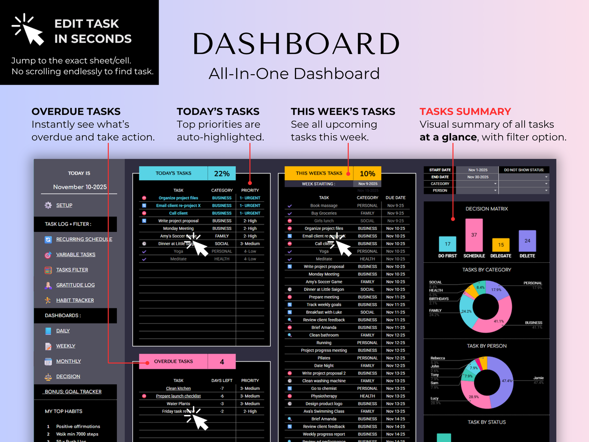 Ultimate Task & Habit Tracker 2.0 - ADHD Friendly | Excel & Google Sheets (Dark Mode) - preview 9