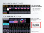 Savings and sinking funds tracker plus debt payoff planner with four methods, dark mode