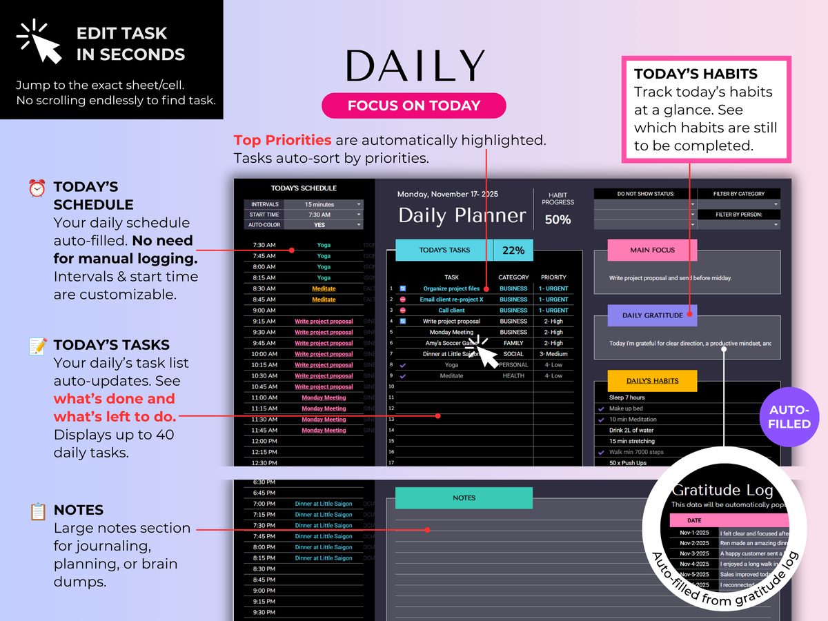Ultimate Task & Habit Tracker 2.0 - ADHD Friendly | Excel & Google Sheets (Dark Mode) - preview 10