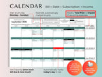 Bill calendar showing bills, debt, subscriptions and income by day