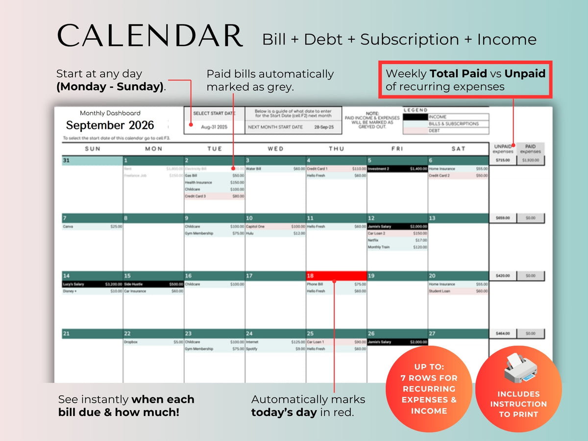 Bill calendar showing bills, debt, subscriptions and income by day