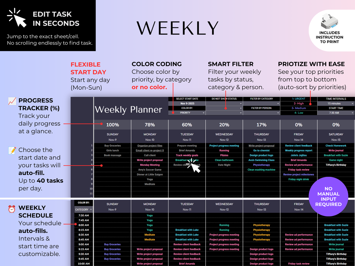 Ultimate Task & Habit Tracker 2.0 - ADHD Friendly | Excel & Google Sheets (Dark Mode) - preview 11