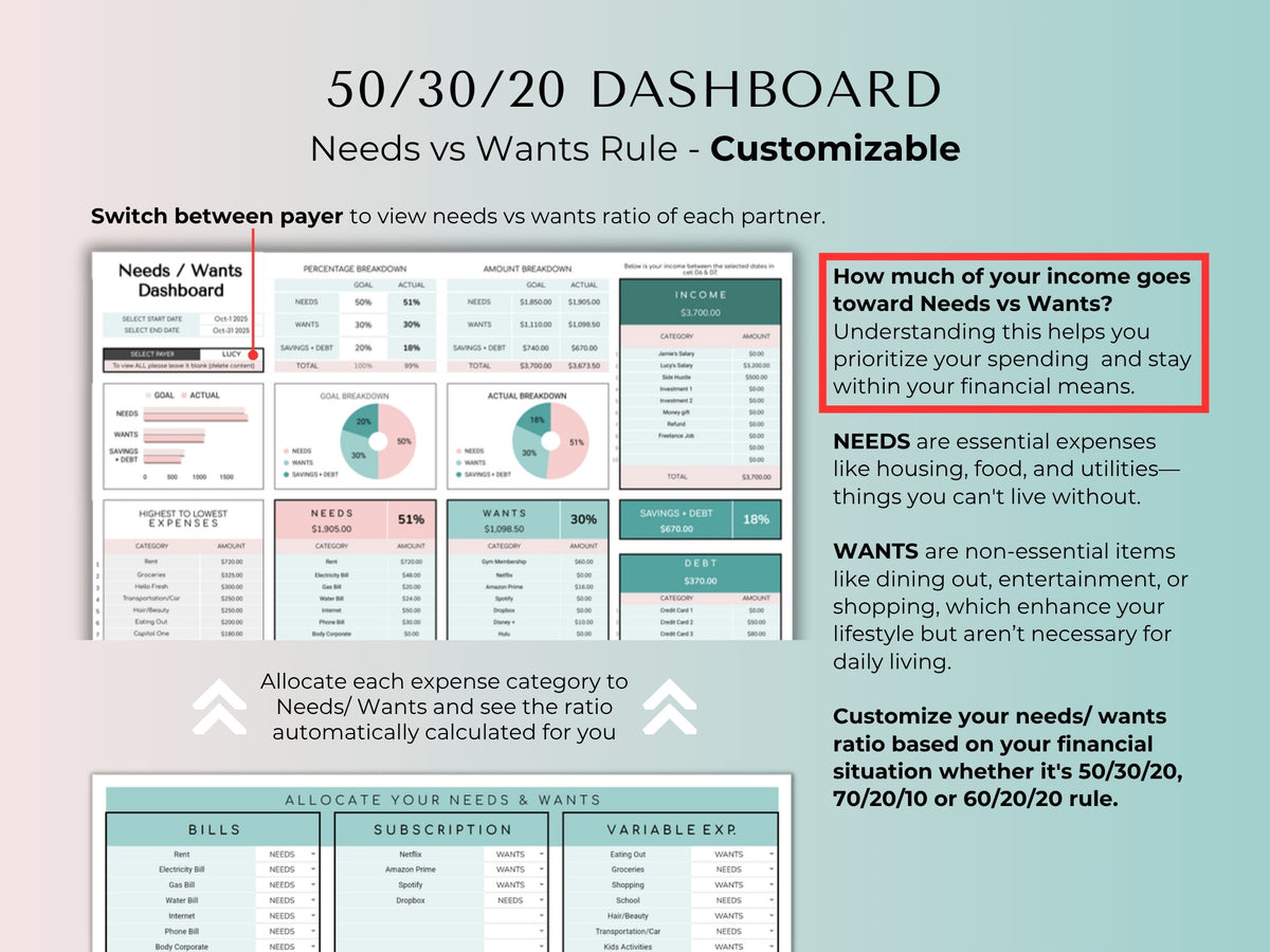 50/30/20 needs versus wants dashboard, switchable per partner