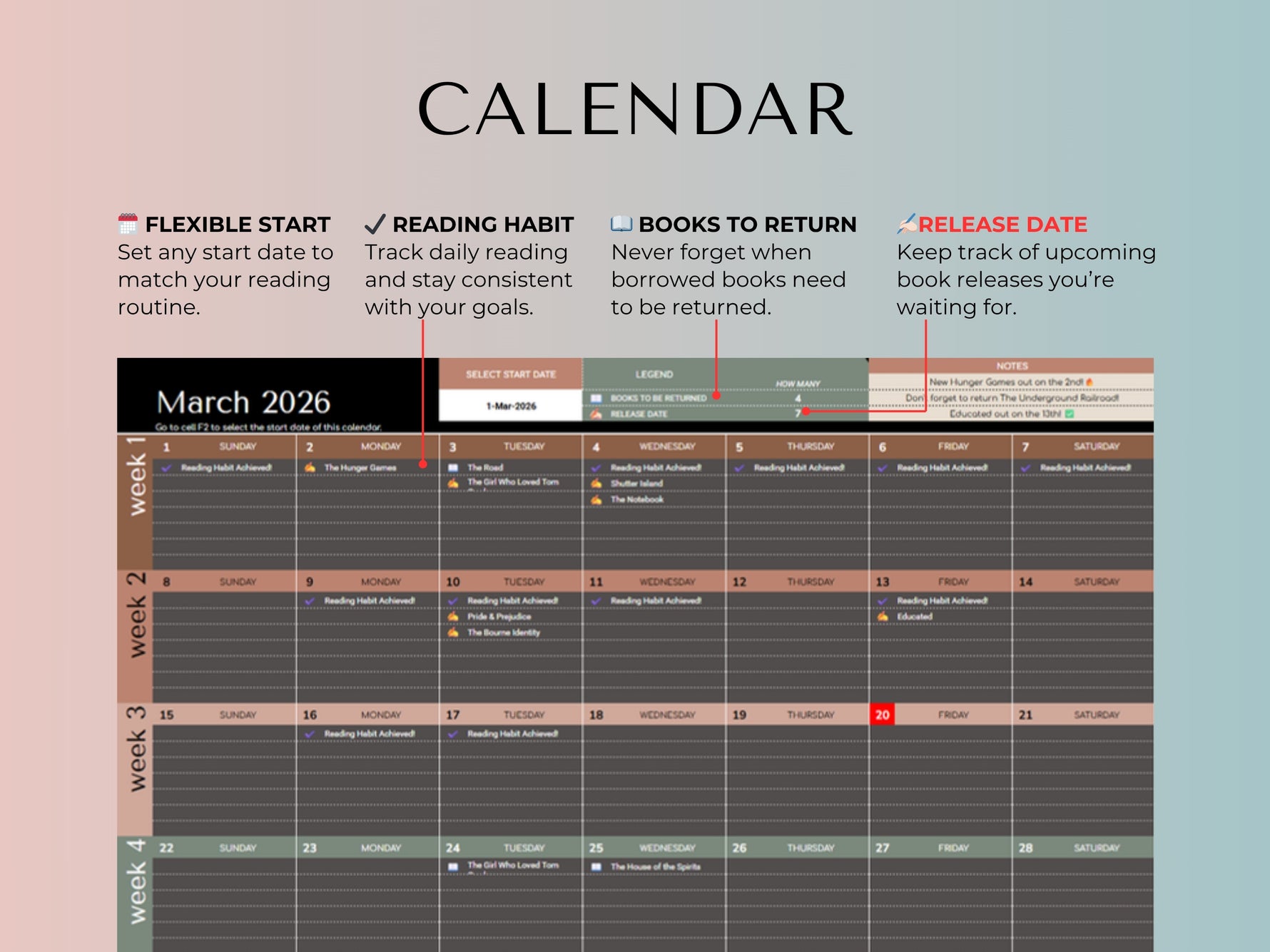 Book Tracker Spreadsheet feature 13 by JRen Digital