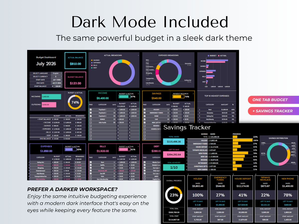 Dark mode included - same budget in a sleek dark theme