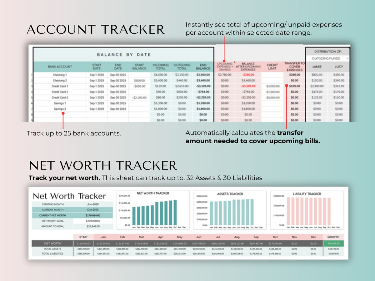 Account tracker for up to 25 bank accounts and a net worth tracker