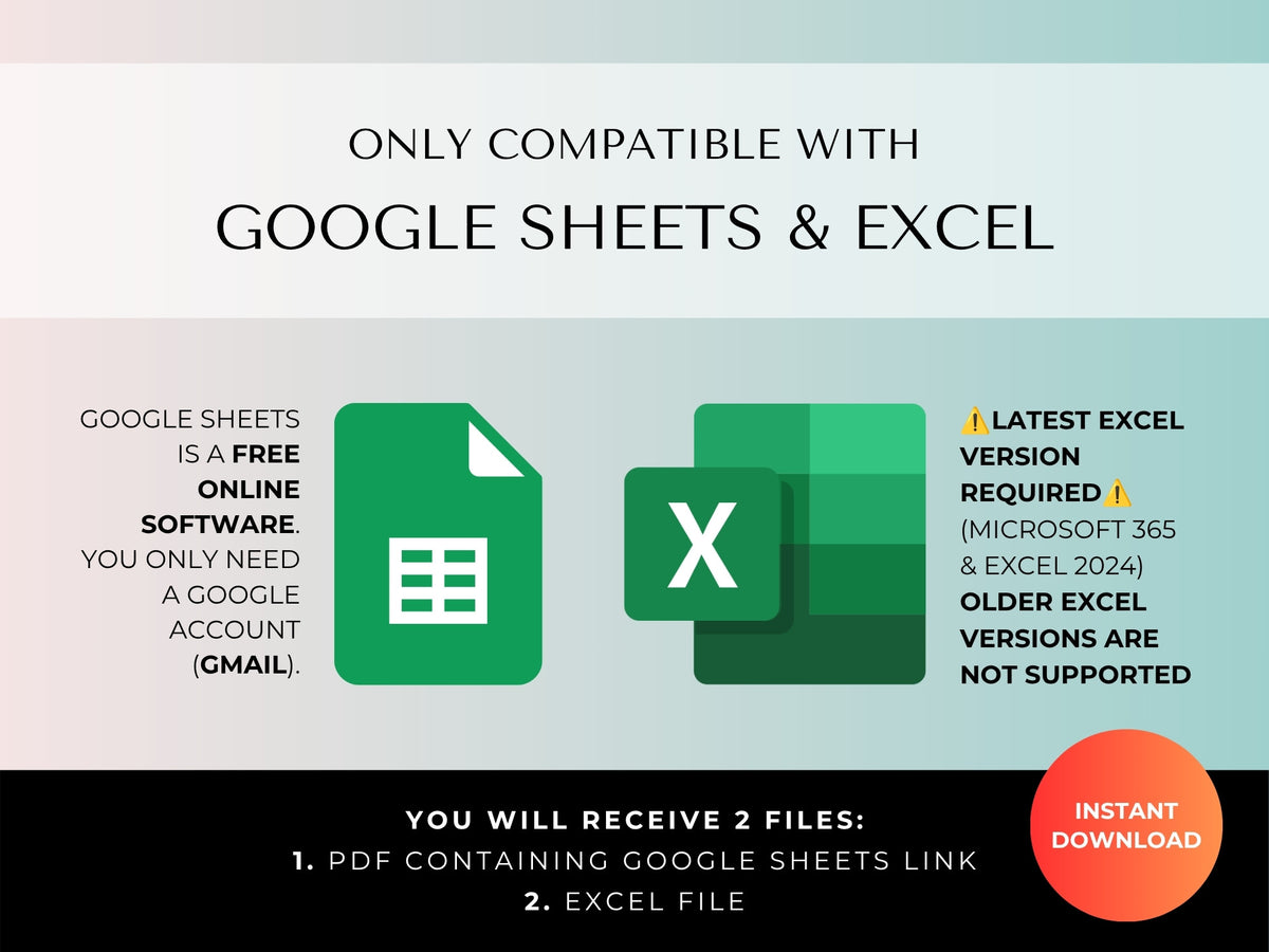 Works with Google Sheets and Excel: you receive a PDF with the Google Sheets link and an Excel file