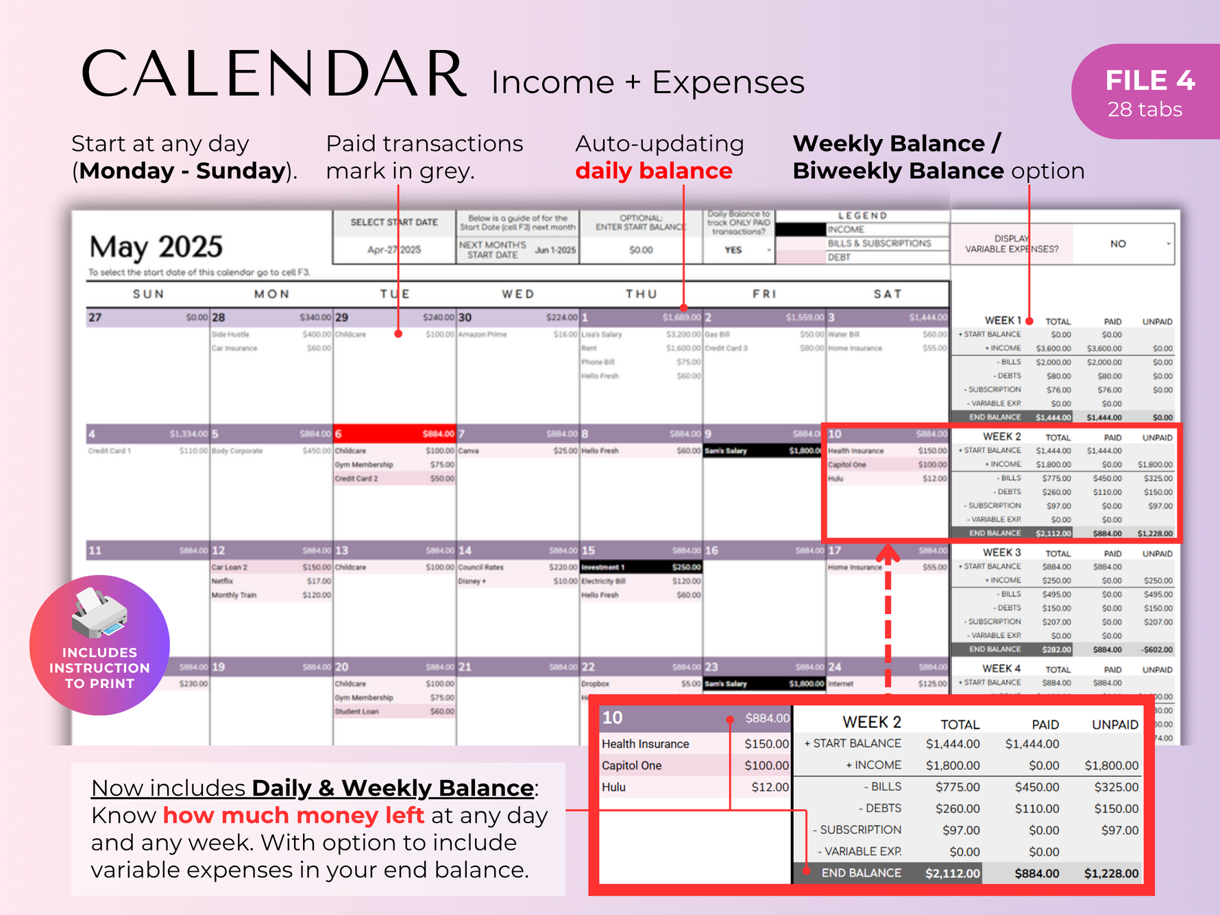 Budget calendar with daily and weekly balance
