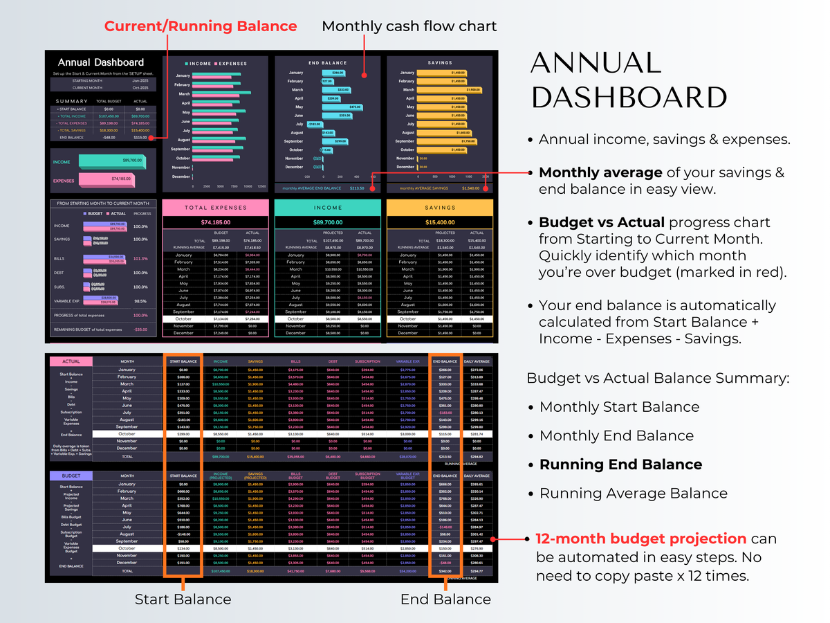 Annual dashboard in dark mode displaying cash flow chart, budget vs actual projections, and balance summaries.
