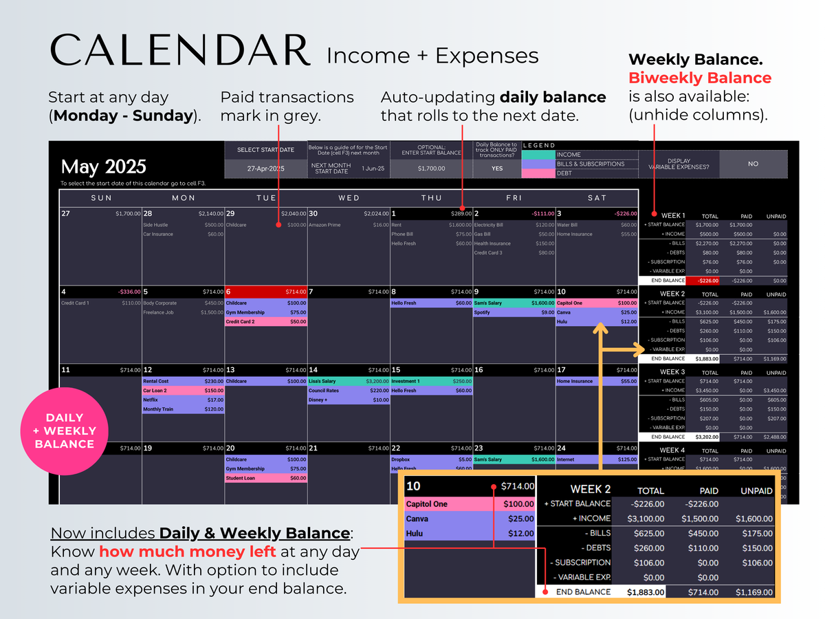 The Ultimate Budget System spreadsheet in dark mode features a calendar layout for tracking income and expenses.