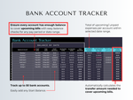 Bank account tracker spreadsheet in dark mode displaying balances, transfer amounts, and upcoming bills for multiple accou...