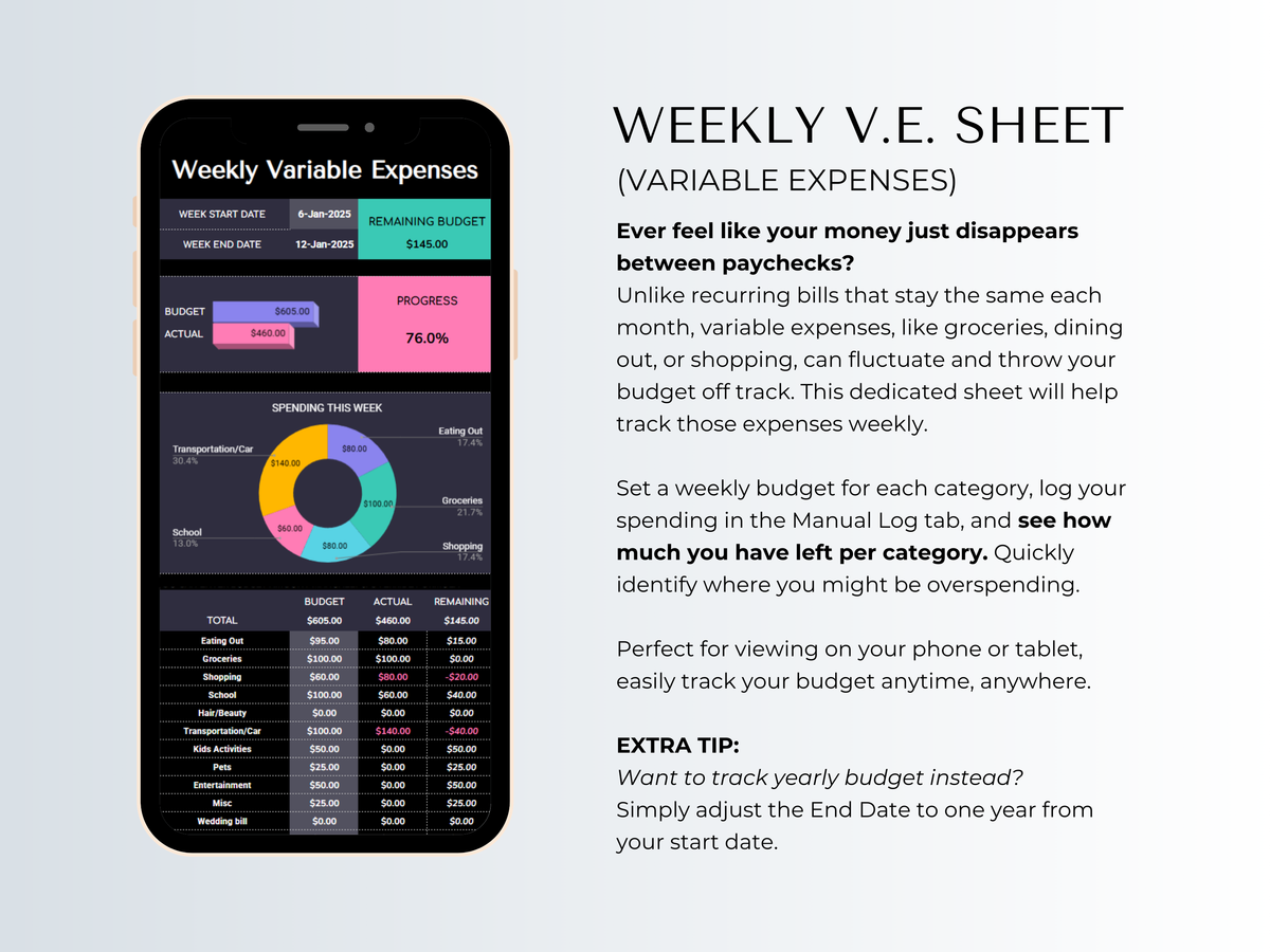 Weekly variable expenses spreadsheet in dark mode on a mobile device, displaying a pie chart and budget tracking sections.