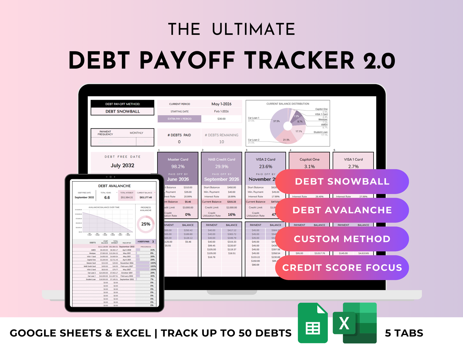 The Complete Debt Payoff Planner spreadsheet in purple pink by JRen Digital