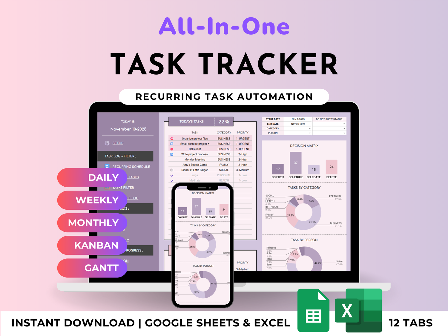 All-In-One Task Tracker & Project Planner - ADHD Friendly | Excel & Google Sheets (Purple)