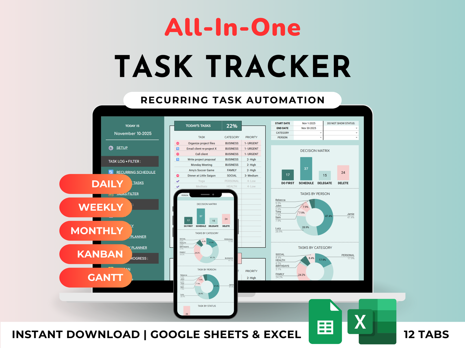 All-In-One Task Tracker & Project Planner - ADHD Friendly | Excel & Google Sheets (Green)