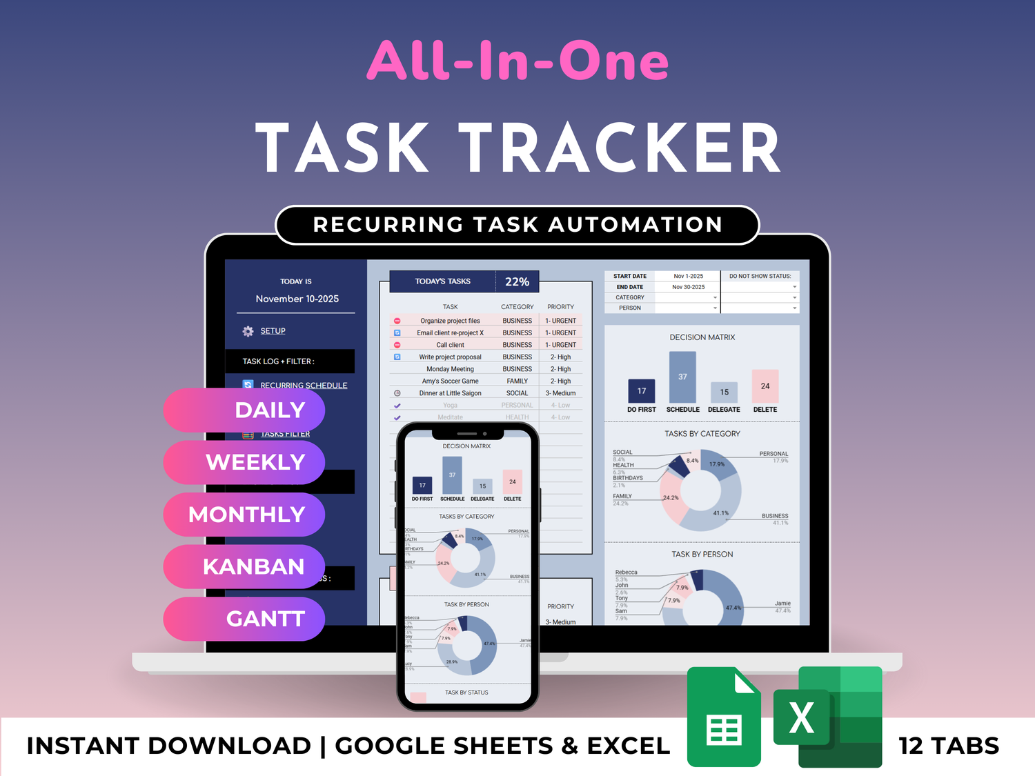 All-In-One Task Tracker & Project Planner - ADHD Friendly | Excel & Google Sheets (Blue)