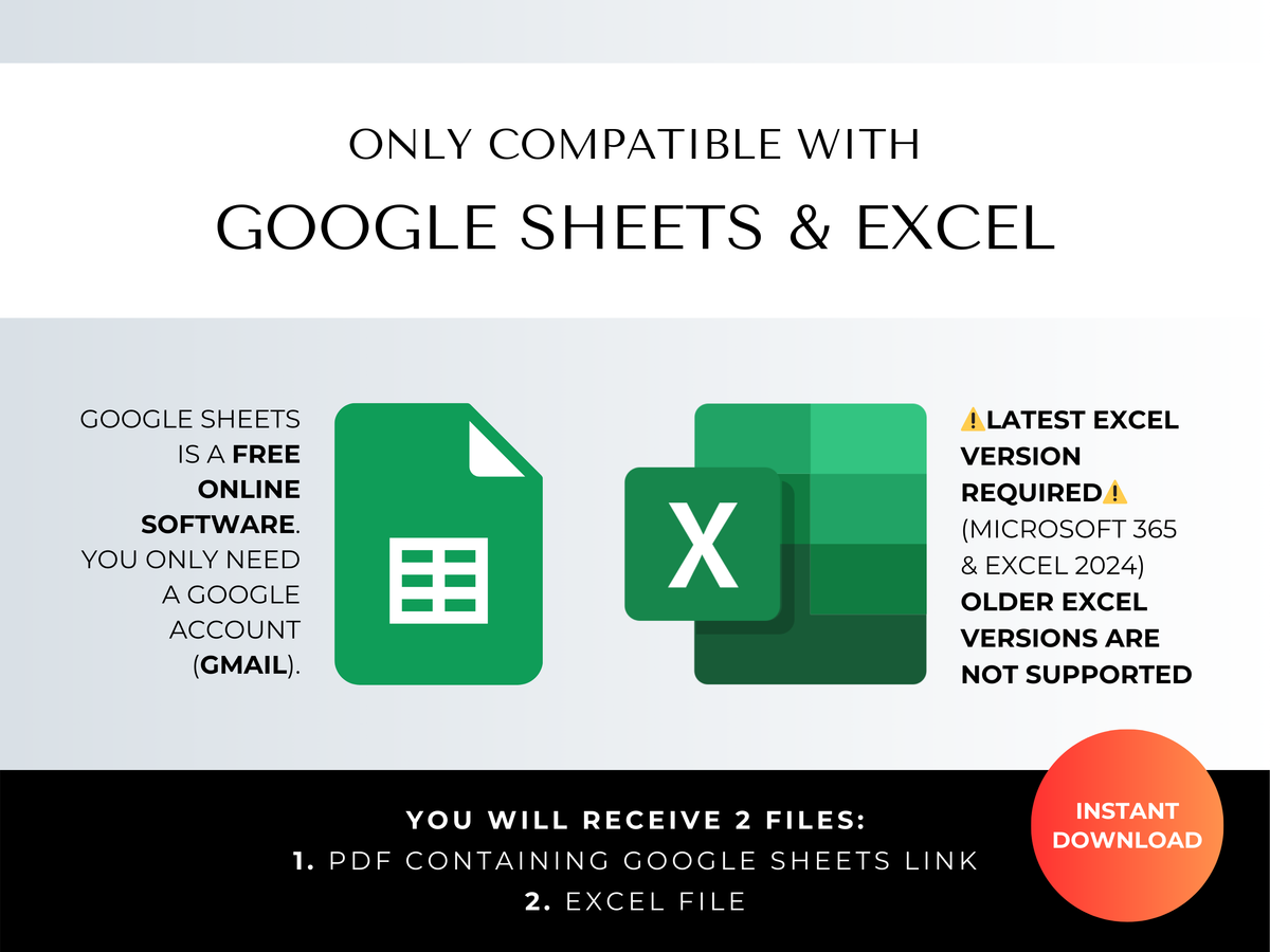 The Ultimate Budget System spreadsheet in dark mode, showing Google Sheets and Excel compatibility details.
