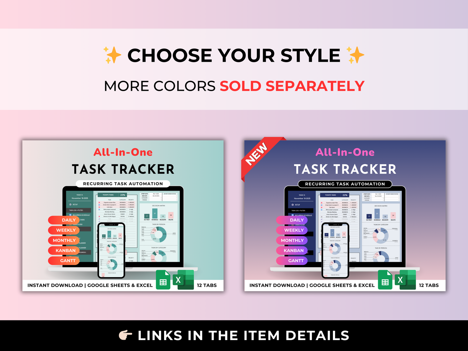 All-In-One Task Tracker & Project Planner - ADHD Friendly | Excel & Google Sheets (Purple)