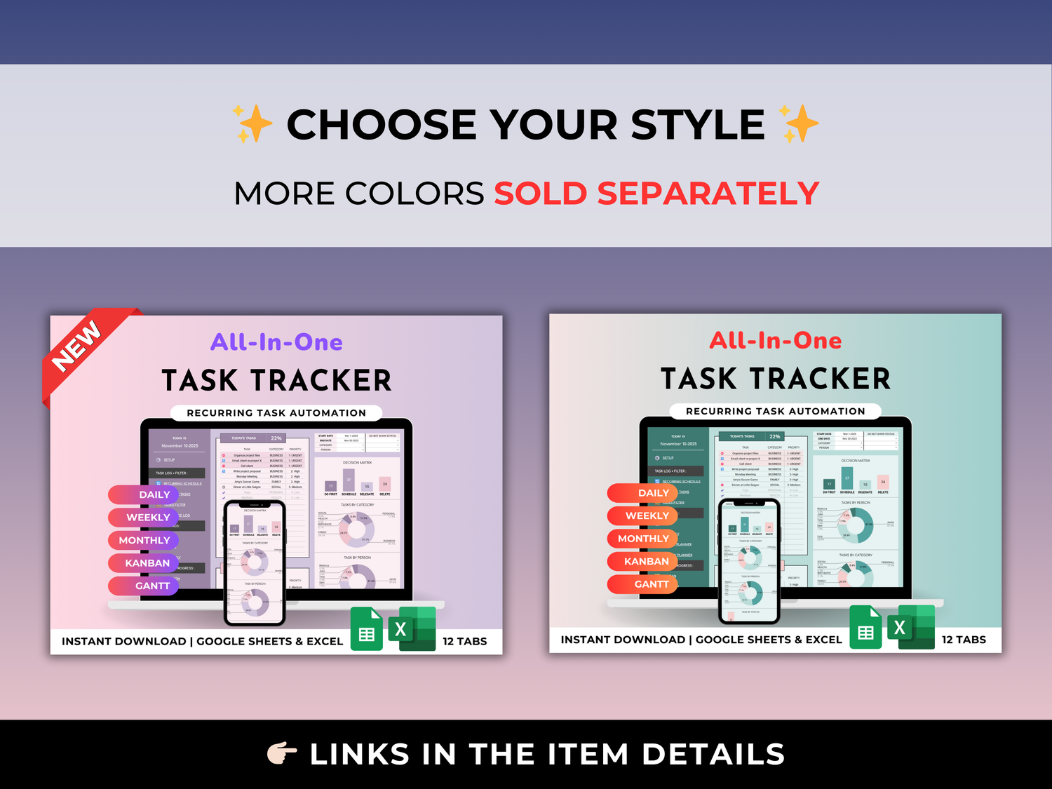 All-In-One Task Tracker & Project Planner - ADHD Friendly | Excel & Google Sheets (Blue)
