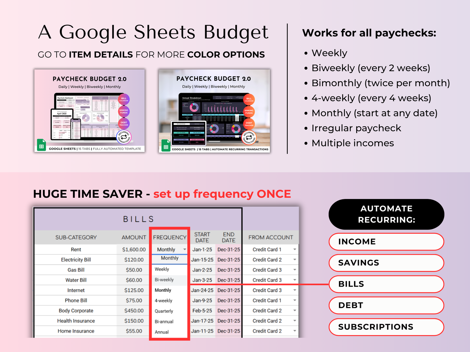 Budget By Paycheck 2.0 Google Sheets Spreadsheet Template - Purple