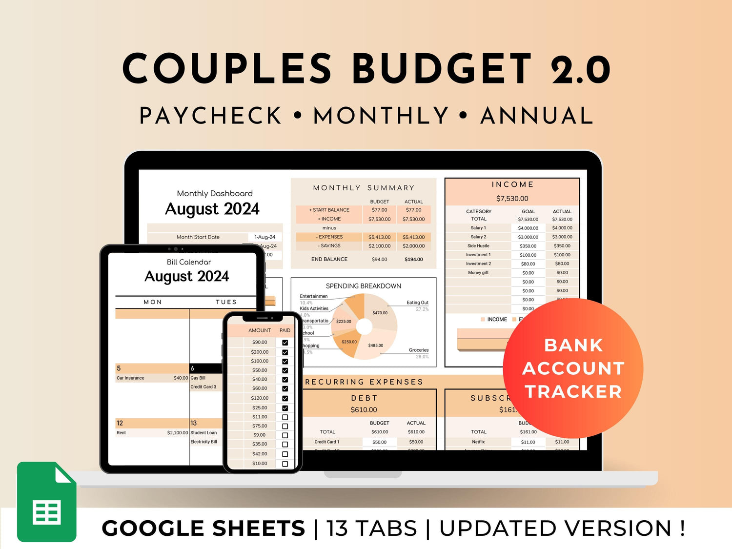 Couples And Family Budget 2.0 Spreadsheet Google Sheets - Peach