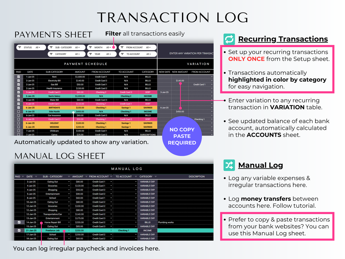The Ultimate Budget System spreadsheet in dark mode showing payments sheet and transaction log with color-coded categories.
