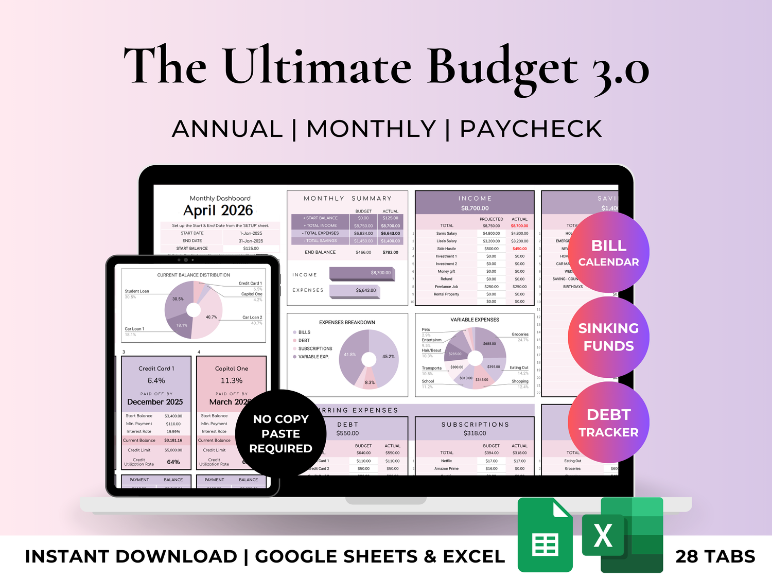 The Ultimate Budget System - Google Sheets & Excel Spreadsheet (Purple)