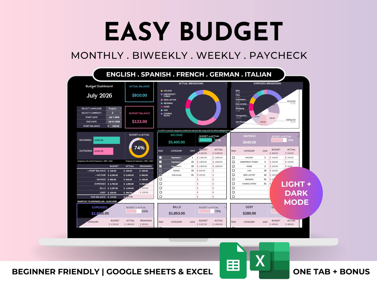 Easy Budget Planner Bundle - Light + Dark Mode - Google Sheets & Excel
